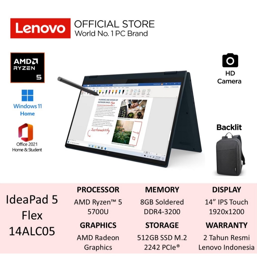 Lenovo IdeaPad Flex 5 14ALC05 Ryzen 7 5700U 8GB 512GB Win11+Home 14" Touch Include Asuransi
