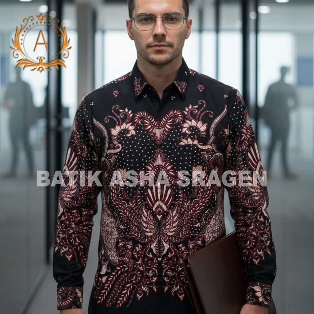 Batik asha - Kemeja batik regular - Motif Jatayu - Warna Hitam kombinasi Merah- Kemeja Batik Kantor 
