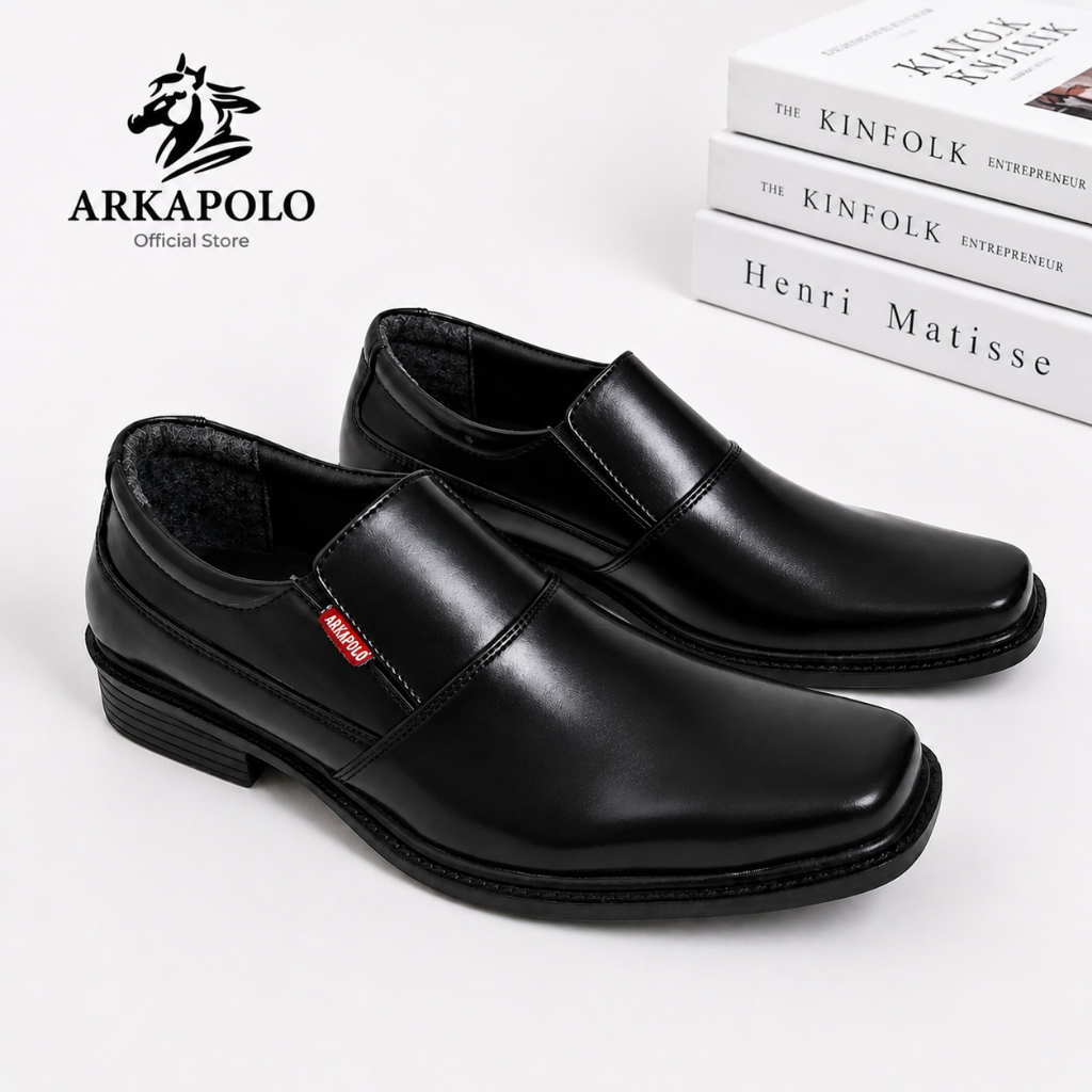 ARKAPOLO Sepatu Slip On Pria Kantor Kulit Sintetis Hitam