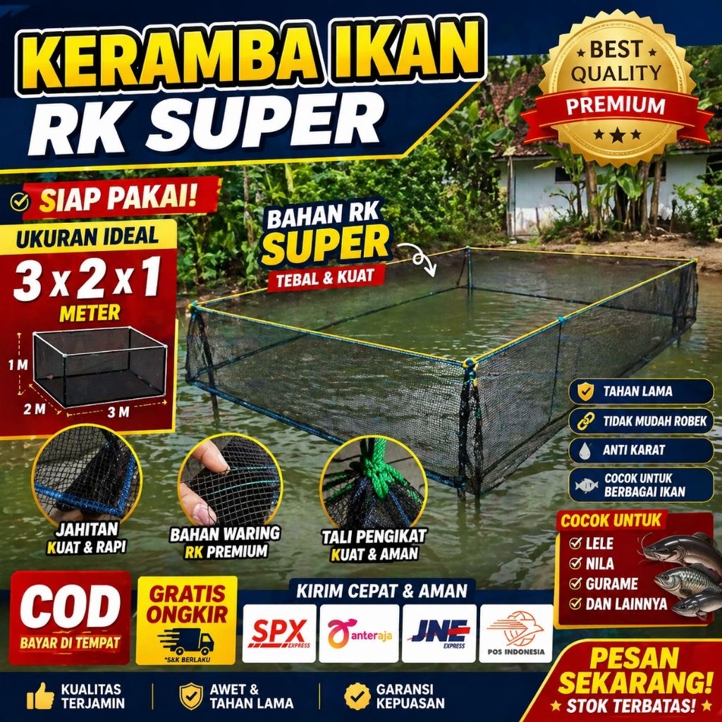 keramba jaring apung ikan ukuran 3×2×1 kotak plus tambang pengikat waring RK super