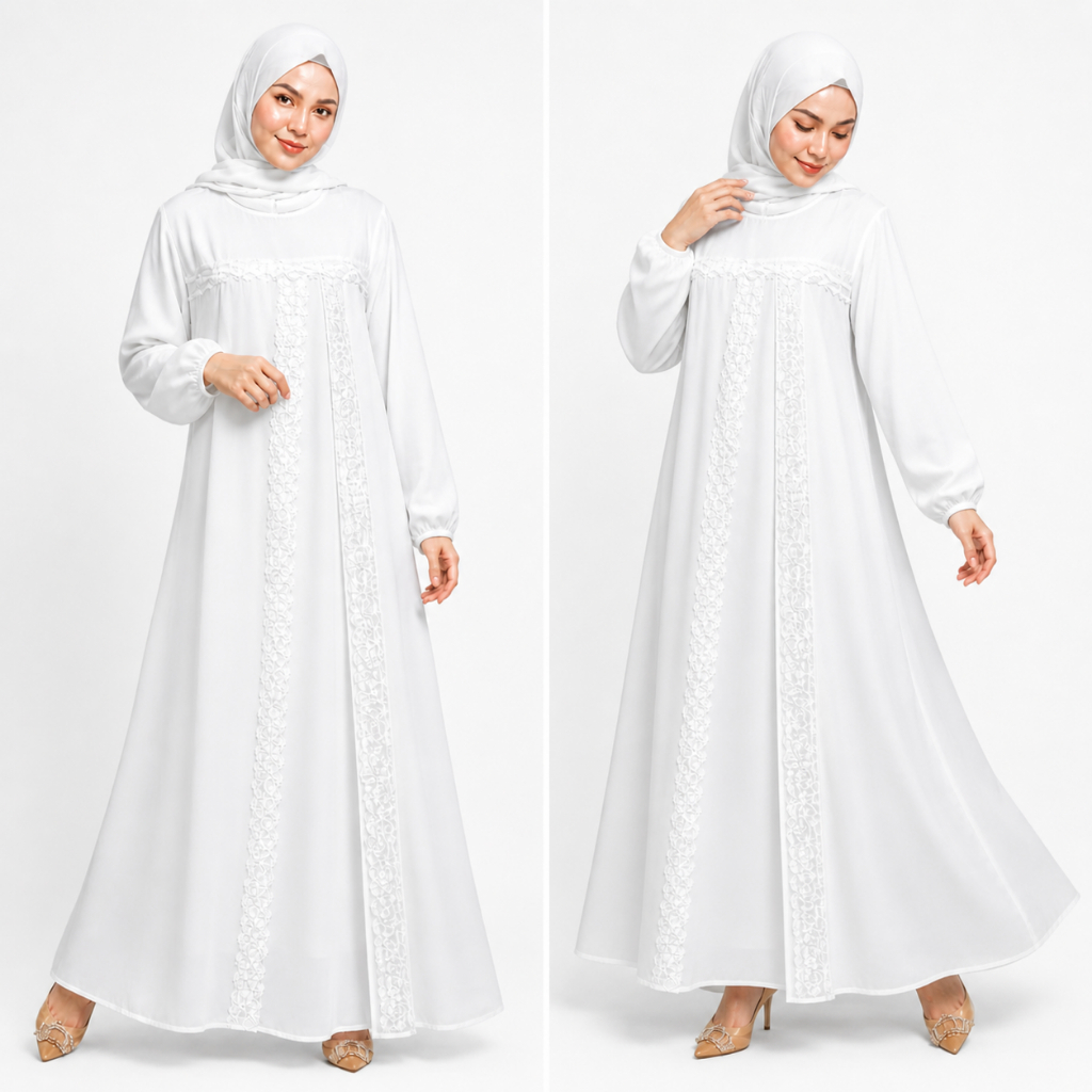 Mimora - Aziza Gamis Wanita Putih Polos Elegan | Dress Muslim Brokat Simple Premium