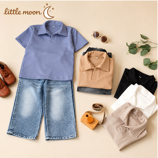 Little moon-Setelan Anak Laki-Laki Usia 1-7 Tahun Baggy Jeans Polo Knit Polos