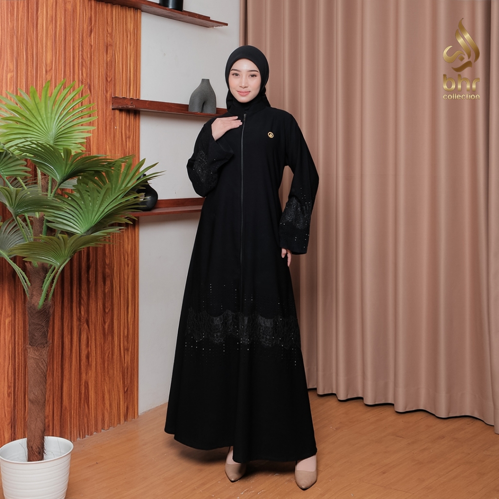 Abaya Hitam Gamis Wanita Busui Friendly Resleting Depan