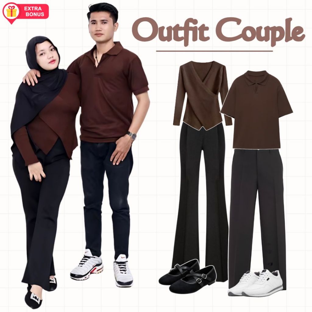 OneSet Couple Celana Cutbray Wide Leg Blouse Hijab Pasmina Pashmina Wanita Kaos Polo Lengan PendekPo