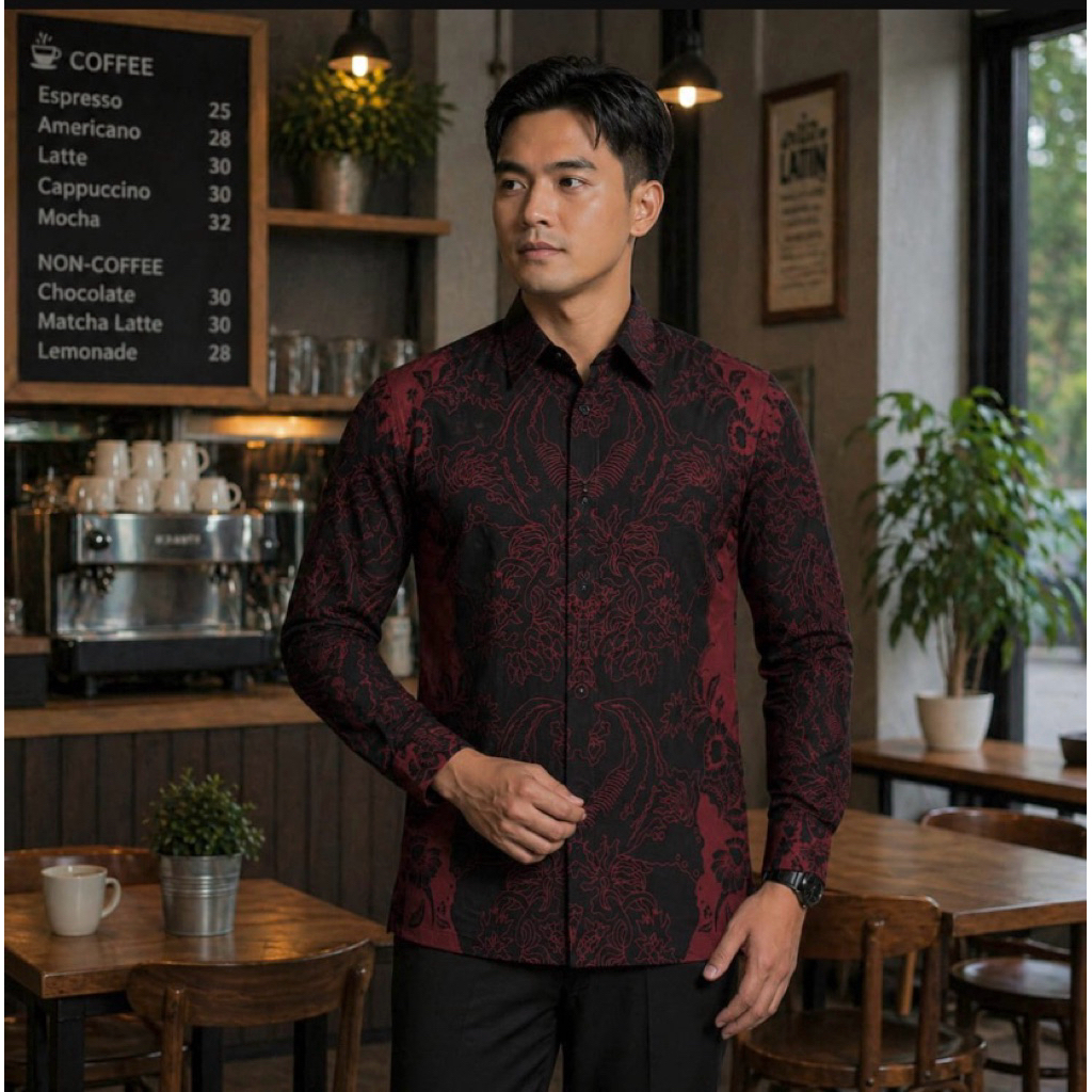Batik Armenia burgundy Premium Kemeja Batik pria merah maroon Slimfit Lengan Panjang