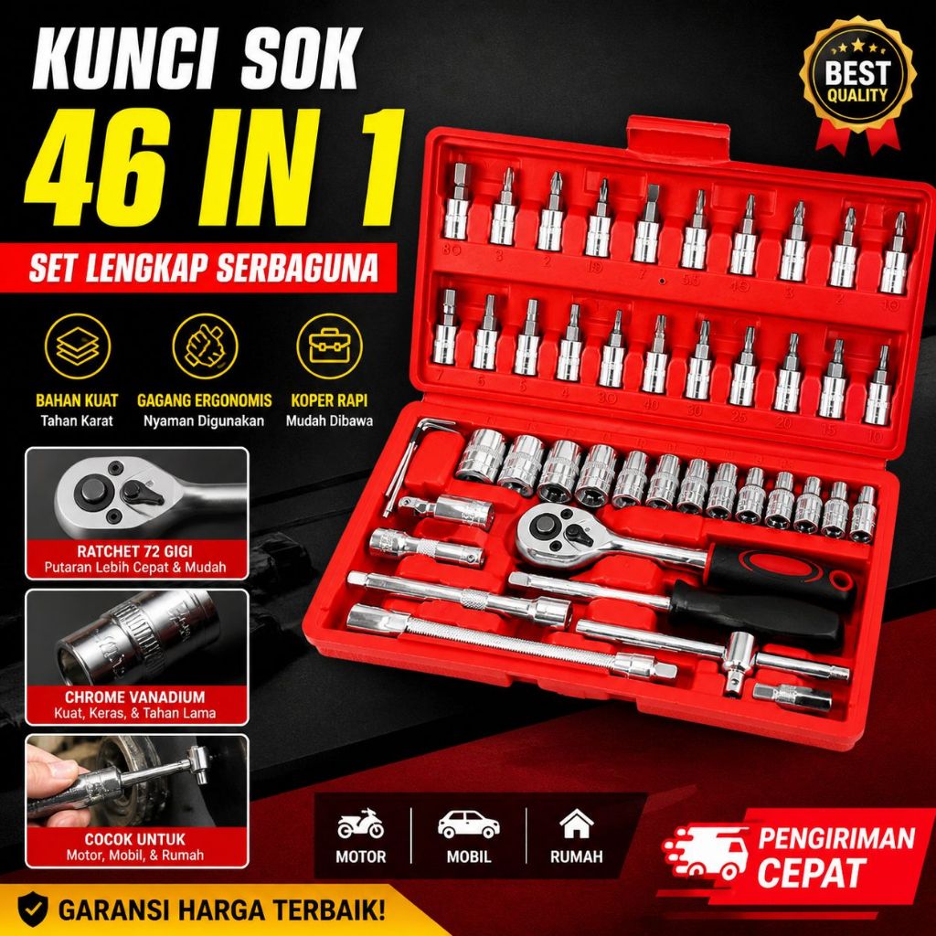 Set Kunci Sok 46 PCS 1/4 Inch - Alat Perbaikan Lengkap untuk Mobil & Motor