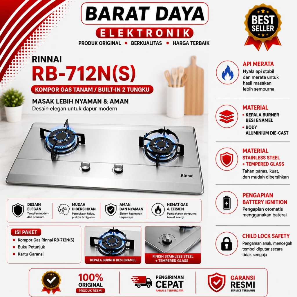 Kompor Tanam Rinnai RB-712N(S) Kompor Gas Tanam [2 Tungku] Silver