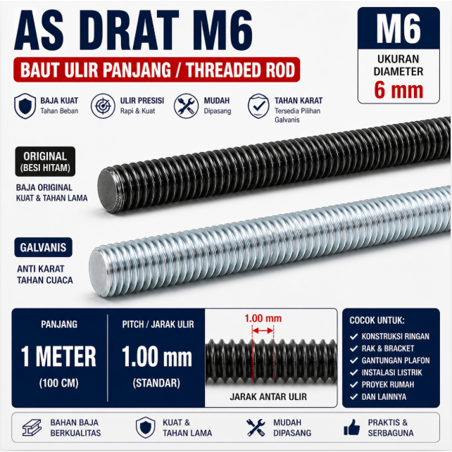 As Drat /Long Drat M6 1 Meter – Baut Ulir Panjang Threaded Rod – Besi Hitam & Galvanis
