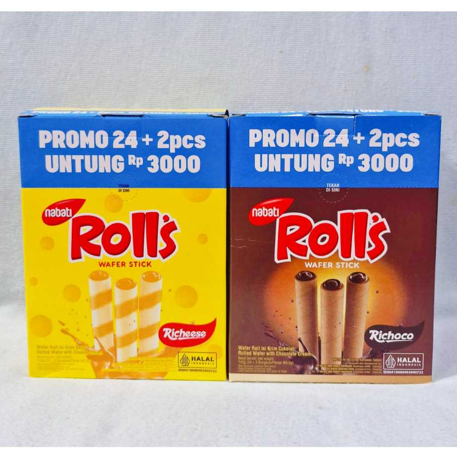 Nabati Richeese Rolls Keju / Nabati Richoco Rolls Coklat (1 Box Isi 24 Pcs)