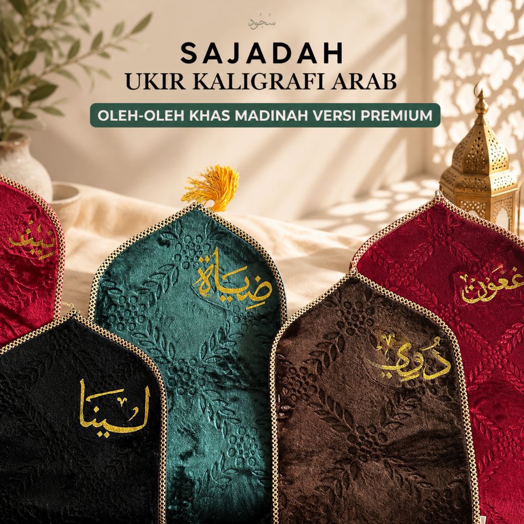 SAJADAH KUBAH BELUDRU PREMIUM [ UKIR KALIGRAFI ARAB ]