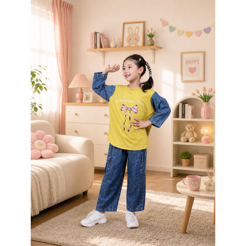 Setelan baju anak perempuan Gambar Pita Celana Levis Cargo 3 tahun - 14 tahun