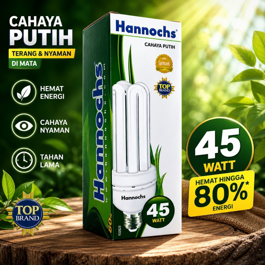 Lampu Jari Hannochs 45 Watt PLC LHE 4U Kaca Cahaya Putih Cool Daylight E27 Terang Awet Tahan Lama He