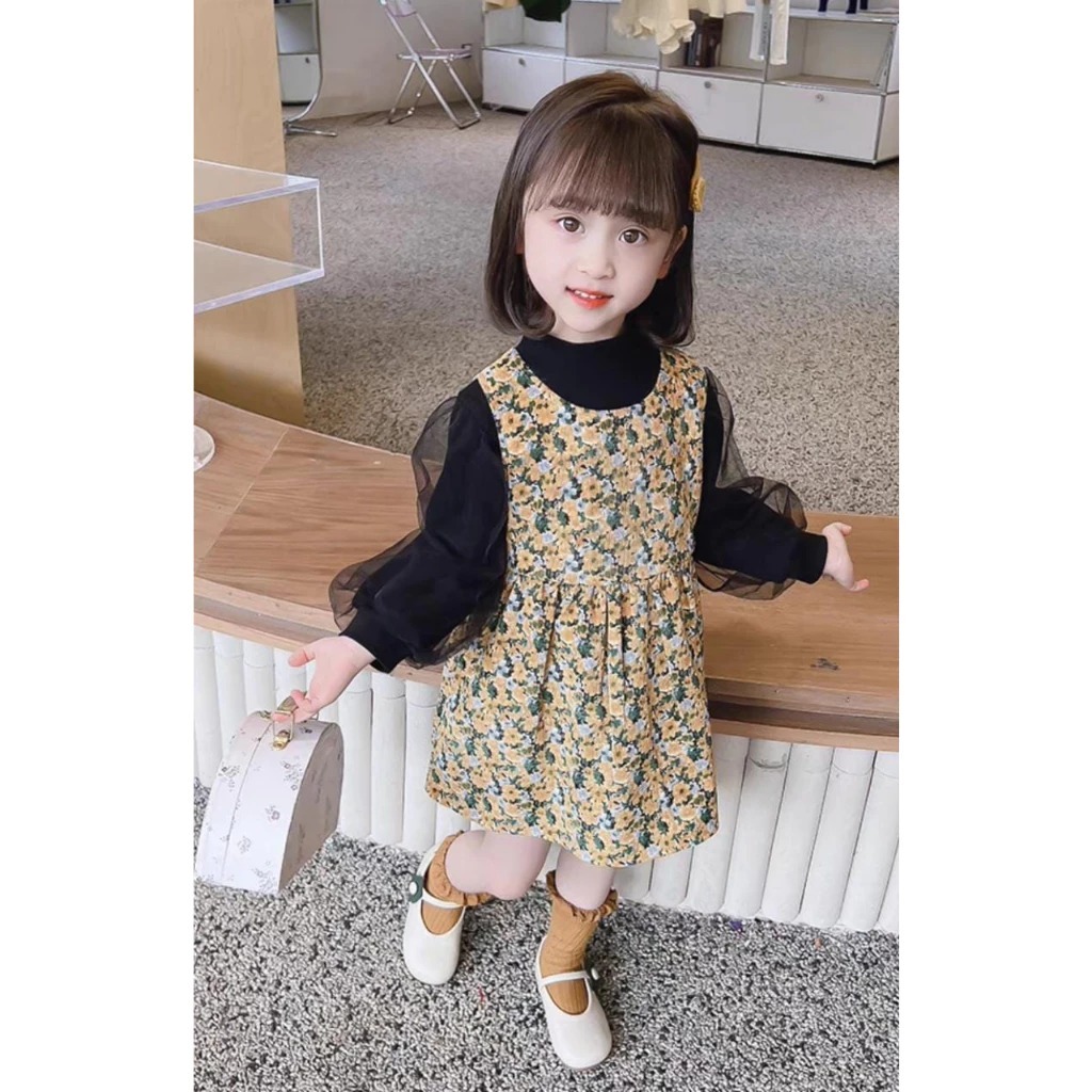 Dress Anak Cewek Usia 1-4 Tahun Baju Dress Anak Perempuan Motif Bunga Bahan Katun Kombinasi Tile Pli