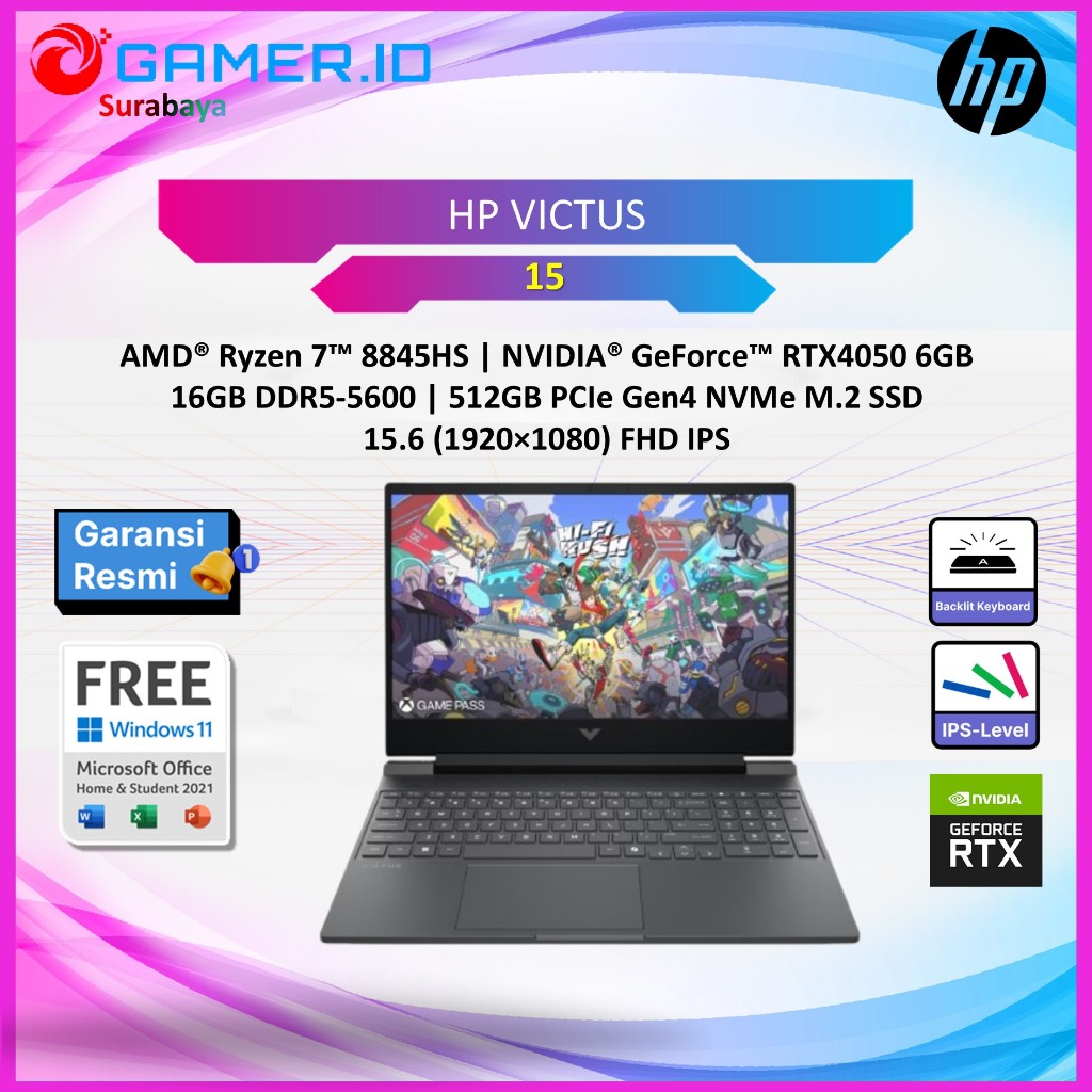 LAPTOP HP VICTUS 15 RYZEN 7 8845HS RTX4050 6GB/ 16GB 512GB 15.6FHD 144HZ