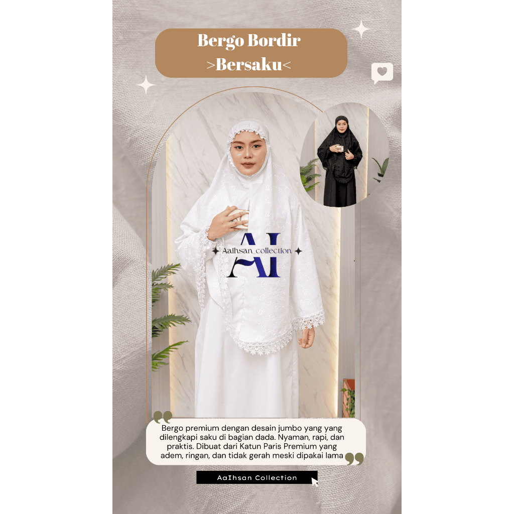 kerudung Bergo Haji Jilbab Umroh Saku Resleting Bordir Katun Paris Premium Jumbo