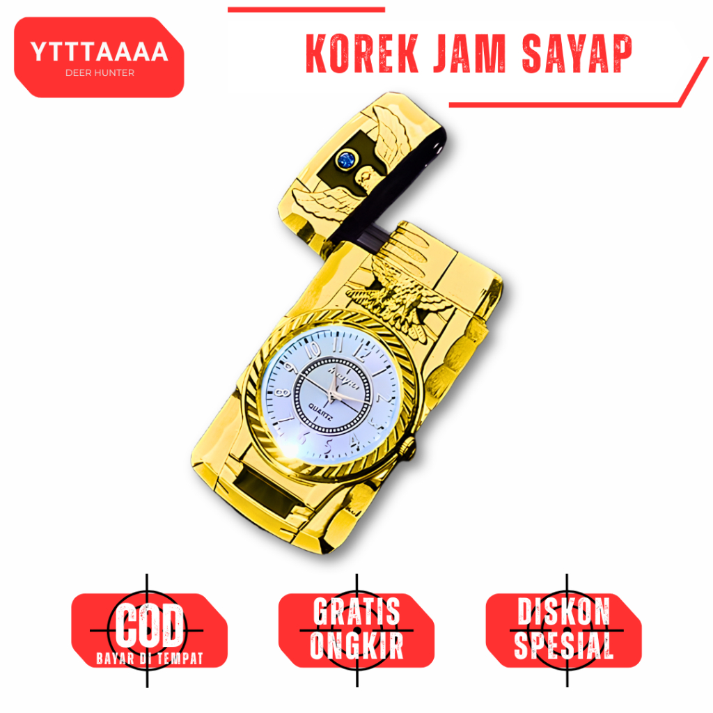[Edisi Elang] Korek Api Bara 3in1 Jam Tangan Aktif & Lampu LED Disco - Mancis Gas Jet Flame Unik Kol