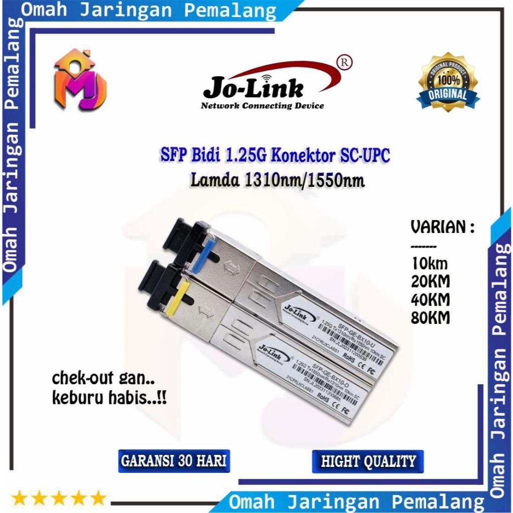 SFP Bidi 1.25G Jolink Ukuran 10KM 20KM 40KM 80KM Konektor SC-UPC/SFP Bidi Uplink