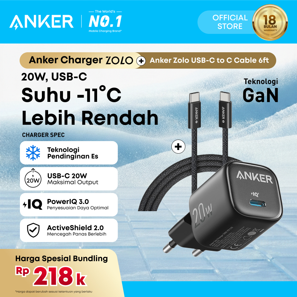 Anker Zolo GaN 30W 20W Adaptor Kepala Charger iPhone 17 16 15 14 13 Samsung Type C PD Ice-Cooled Fas