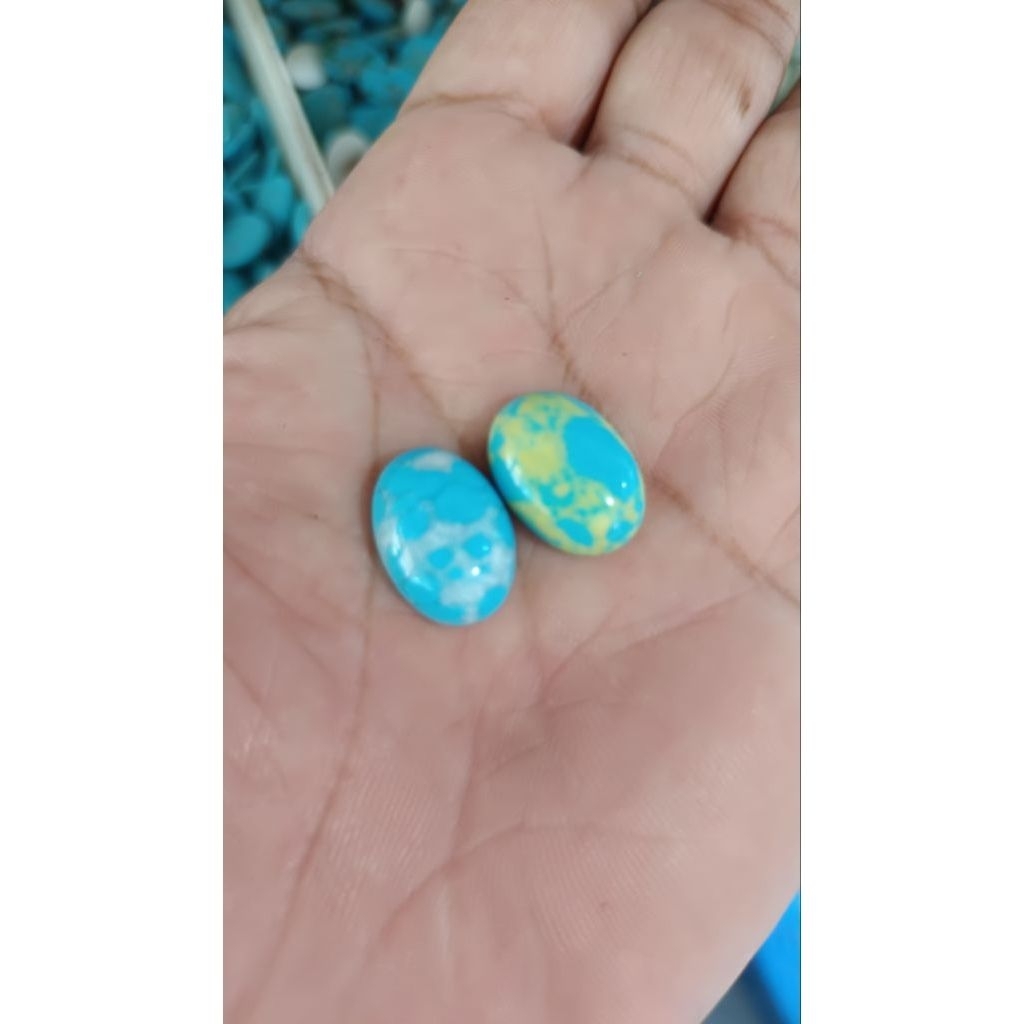 2 pcs batu akik lepasan pirus biru ndogsin serat kuning dan perak 18x13 mm termurah