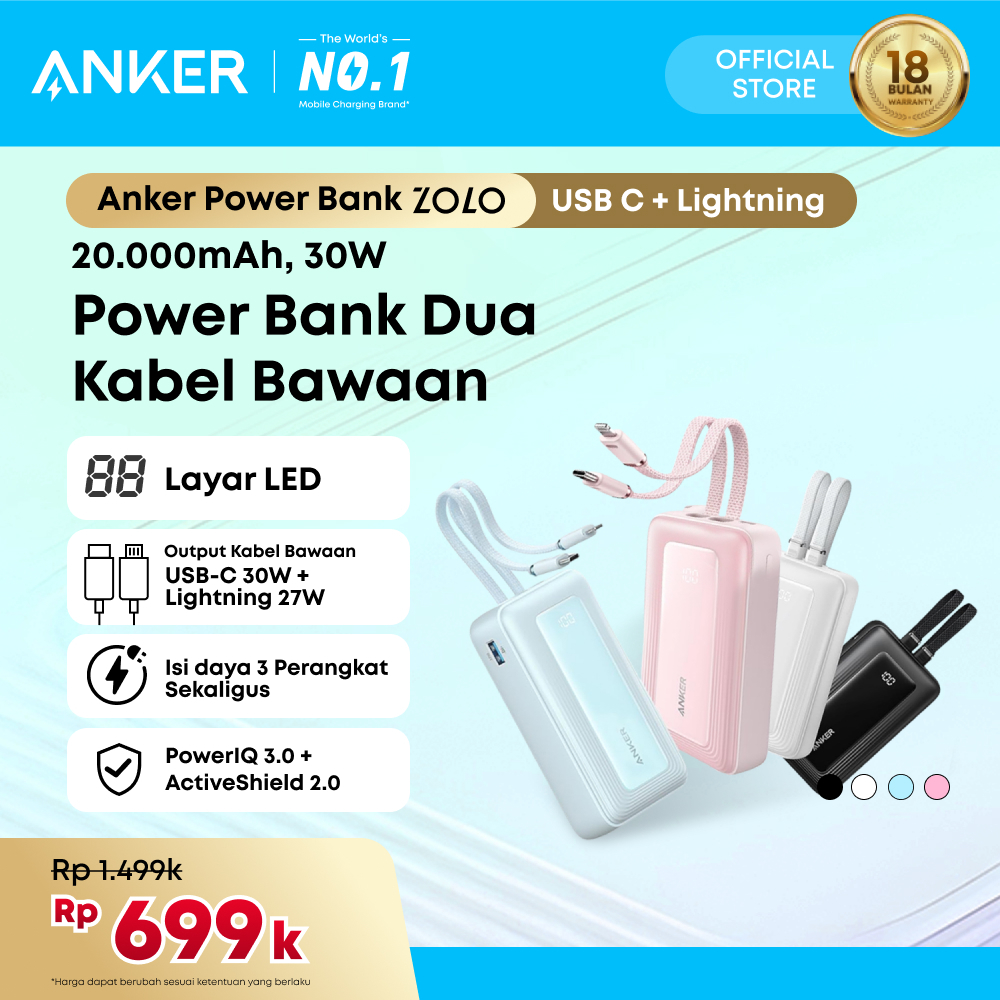 Anker Zolo Power Bank 20.000mAh 30W Max Fast Portable Charger with Built-in USB-C and MFi Certified 