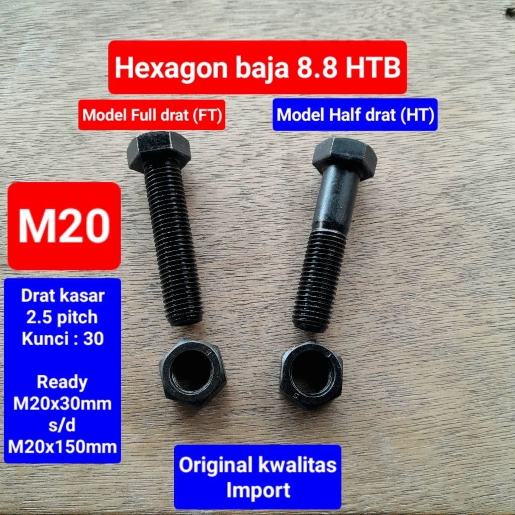 Baut HTB hexagon baja 8.8 M20 | baut hex baja 8.8 M20 | baut baja hitam M20x30 s/d M20x150