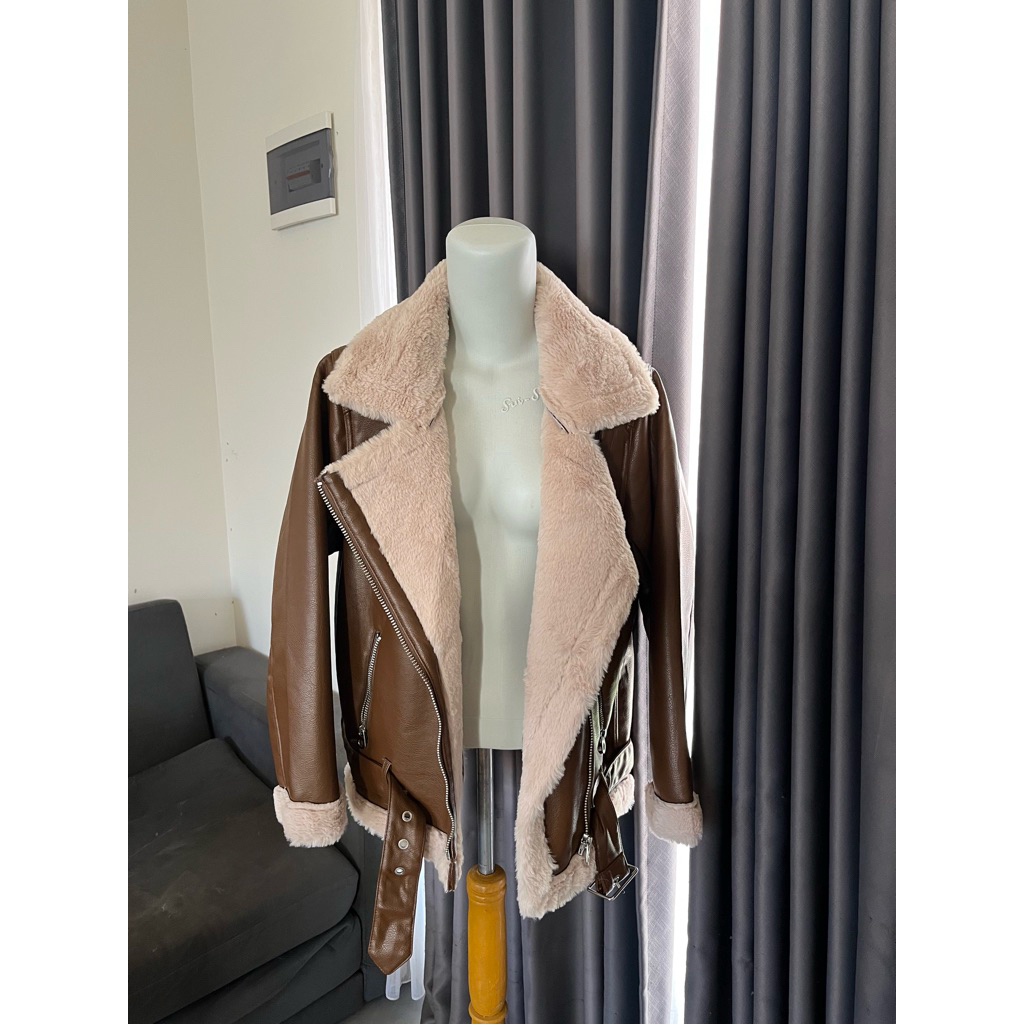 Jaket biker leather fur jacket jaket kulit bulu jaket winter