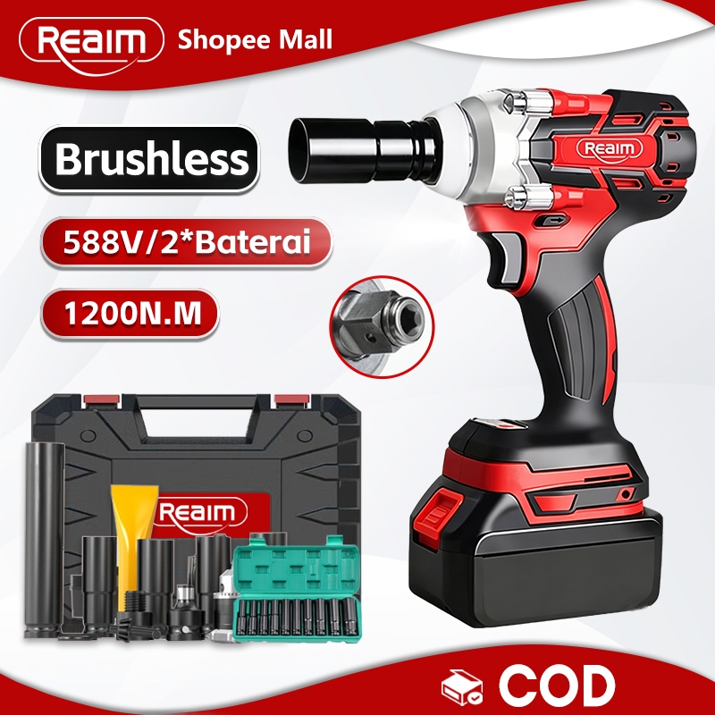 REAIM  Impact Wrench Brushless Bor Baterai Bor Listrik Impact Baterai Untuk Baut Mobil