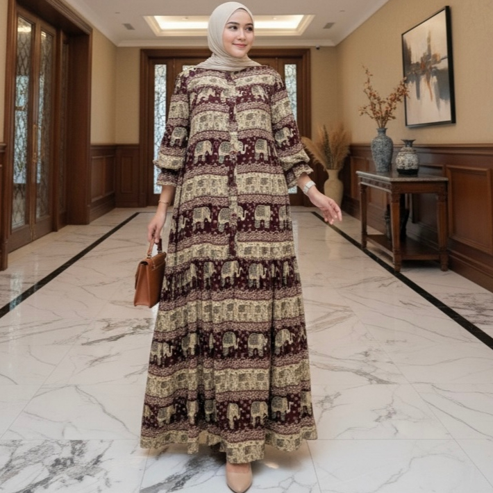 Arumi dress  Gamis Jumbo Bahan Rayon Nyaman Gamis Motif Cantik Lengan Balon Maret Kancing Depan Busu