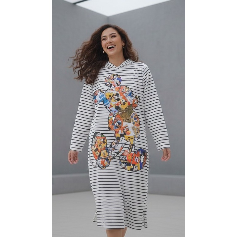 Dress Hoodie Wanita Dress Mickey Lengan Panjang - Erika Stripe Mickey Hoodie Dress IMP B1420
