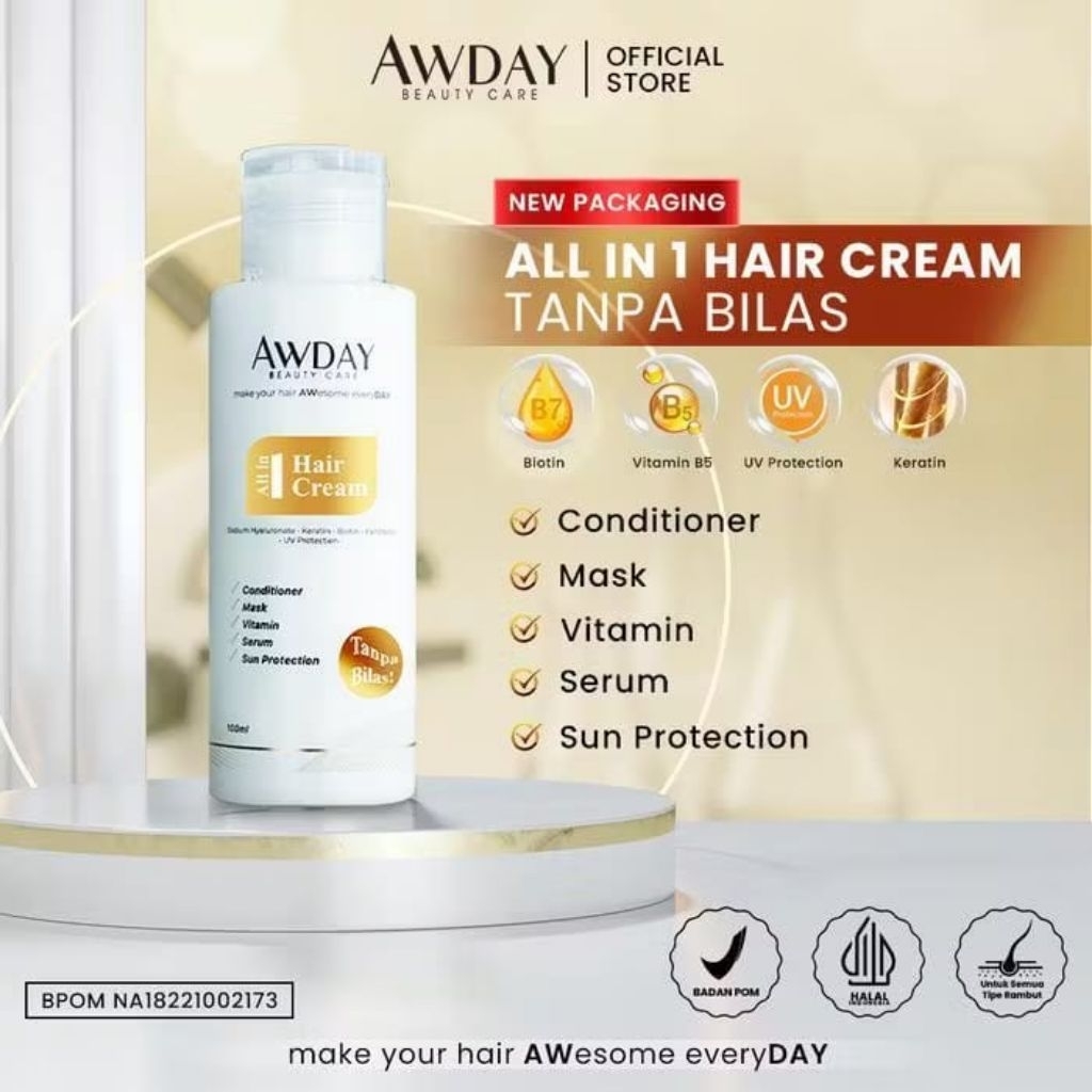 AWDAY Conditioner All in 1 Hair Cream 100ml Tanpa Bilas BPOM ORIGINAL Haircare Perawatan Rambut ala 