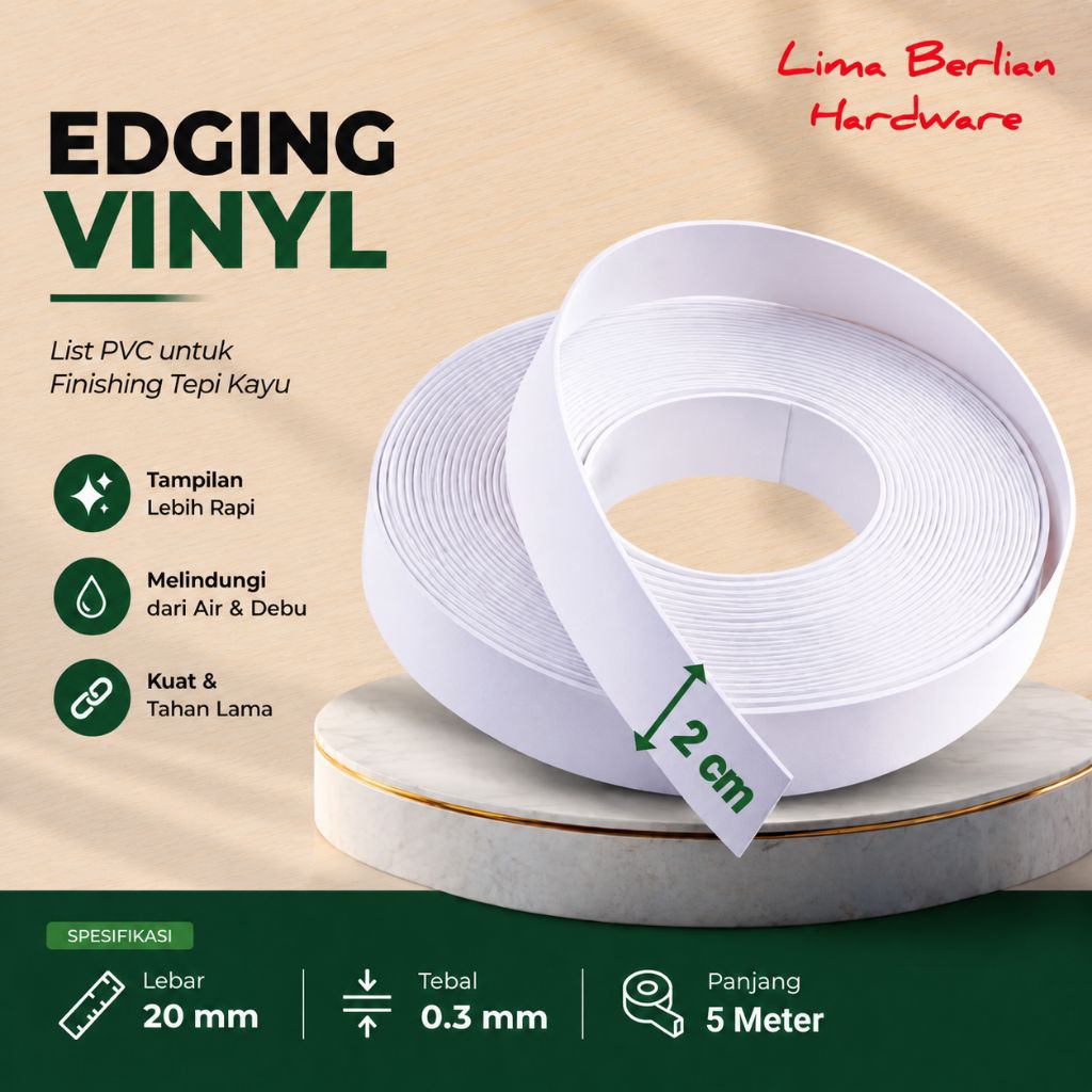 Edging Vinyl PVC Putih 2 Cm 5 Meter – List Tepi Kayu MDF Plywood Multiplek Tebal 0.3mm