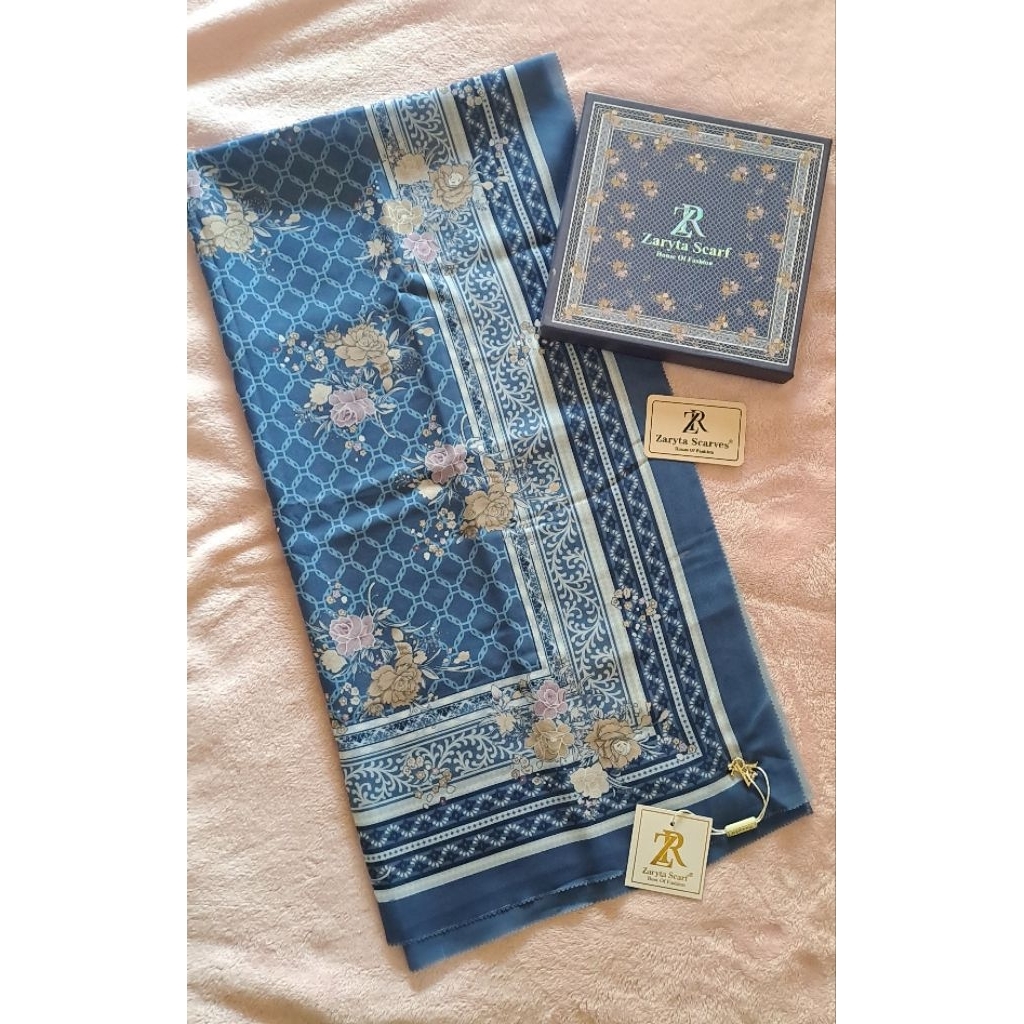 jilbab biru denim dengan box premium