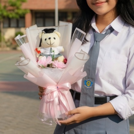 Buket Bunga Boneka Wisuda Teddy Bear Seragam SMA