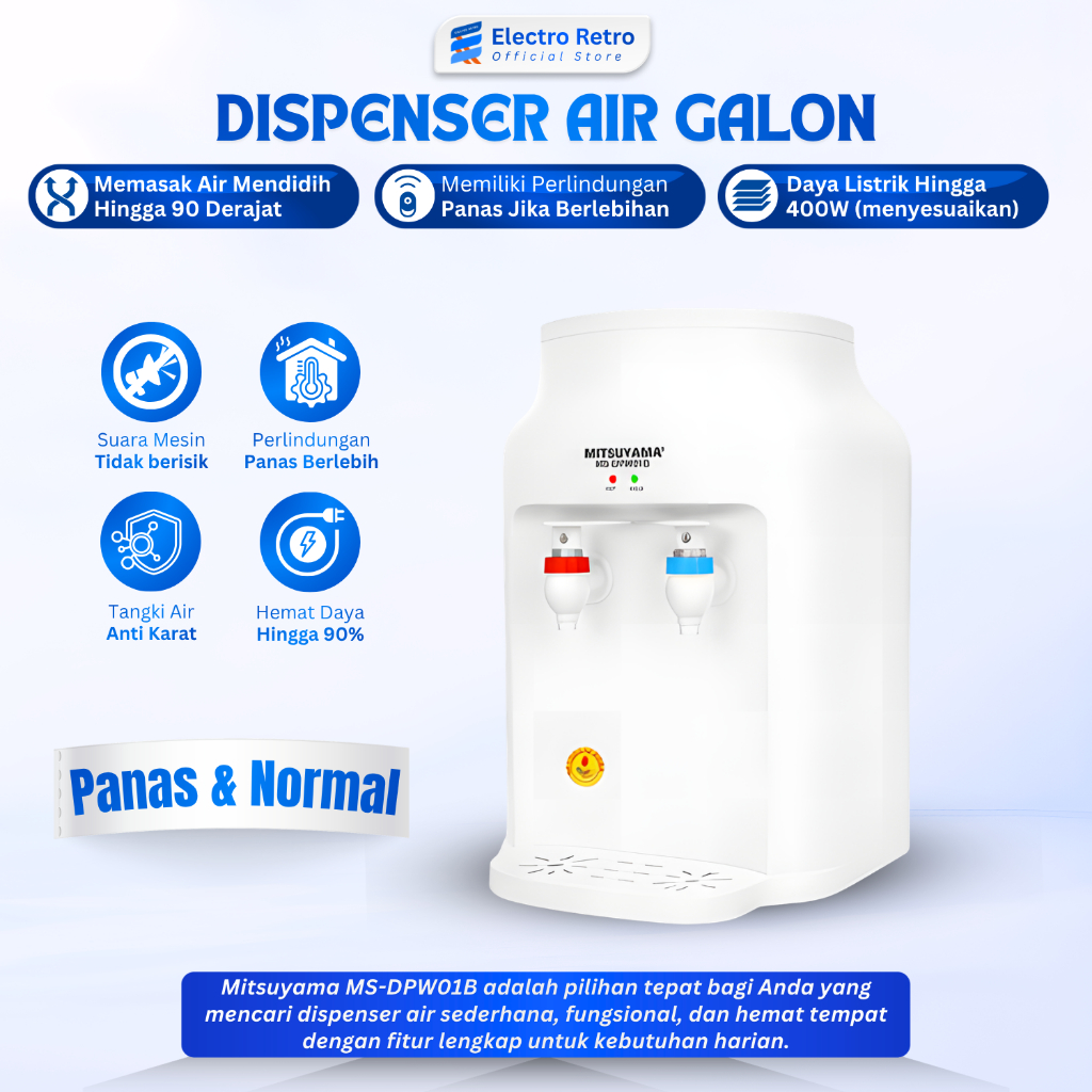 Mitsuyama Water Dispenser Air Galon Atas Panas & Normal Low Watt Dispenser Galon Dispenser Meja