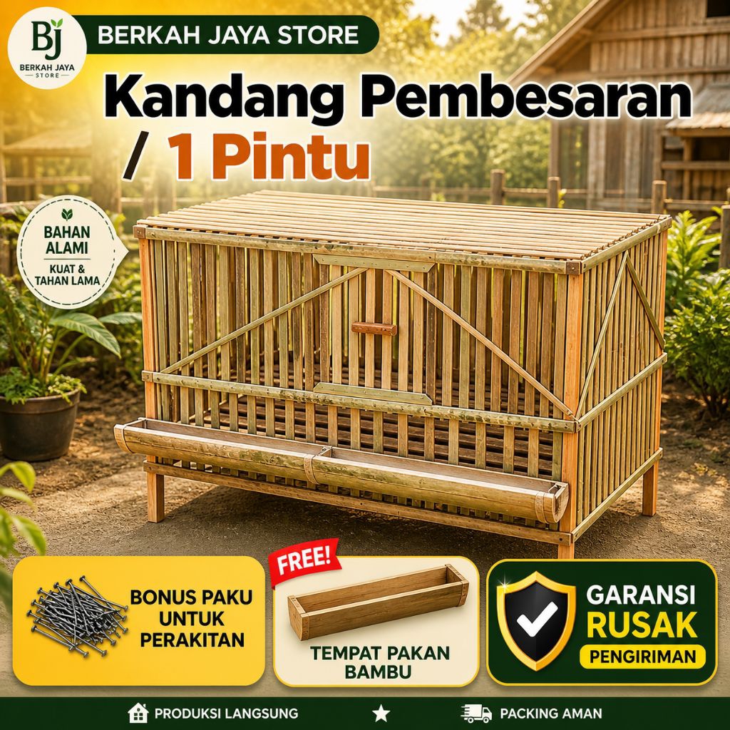 Kandang Ayam Pembesaran 1 Pintu 100x50x50 cm | Muat 25 Ekor | Bambu + Kaki Kayu | Bonus Wadah Pakan