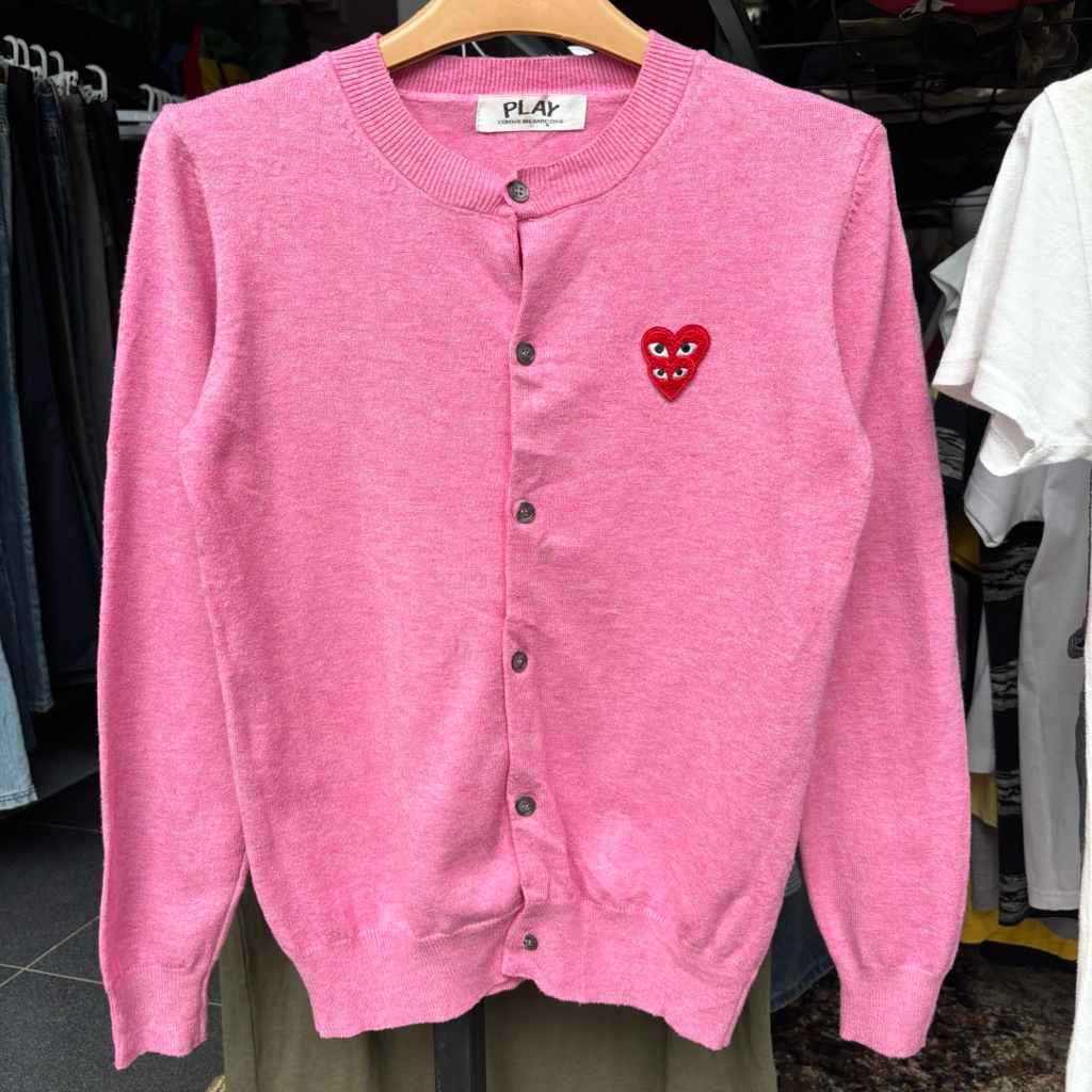 Comme Des Garcons CDG Play Double Heart Patch Logo Pink Cardigan