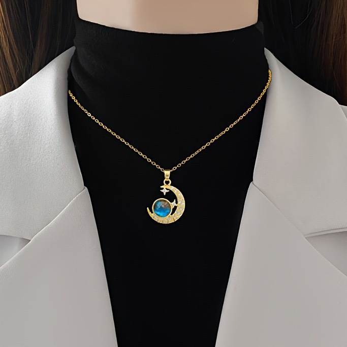 FF059[COD]Kalung Emas Bulan Sabit Langit Biru Liontin Bulan Bintang Kristal Mewah Aksesoris Leher Wa