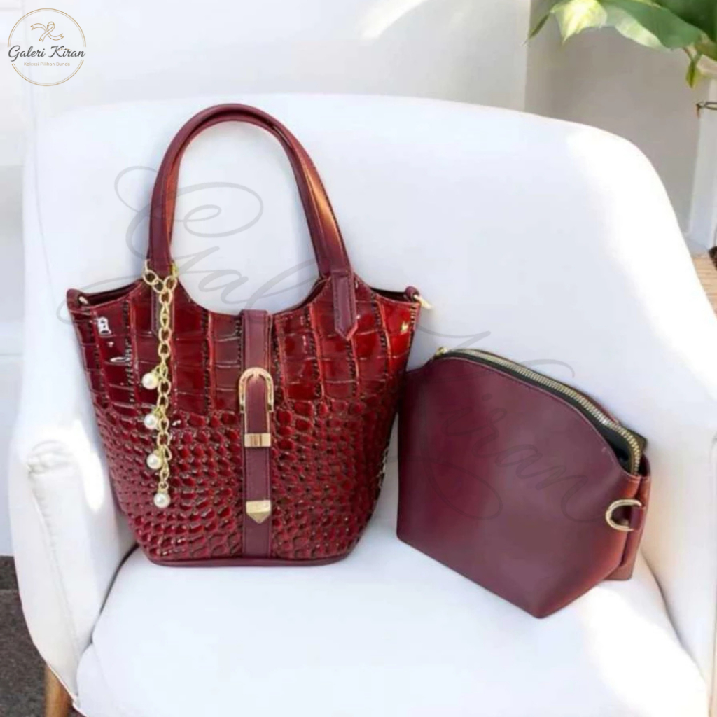 GALERI KIRAN Tas Handbag 2-in-1 Premium - Maroon Glossy Edition