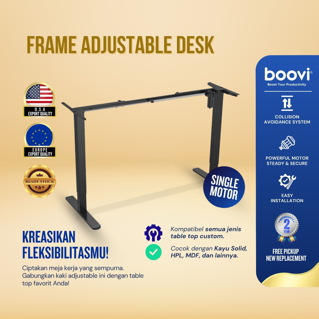 Boovi Meja Kerja Belajar Komputer Elektrik Adjustable Frame Desk Low Noise Single Motor (Frame Only)