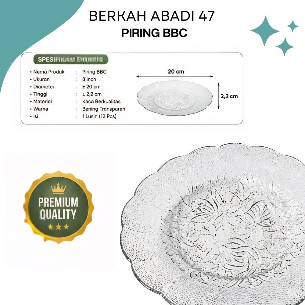 1 Lusin Piring Kaca Bening Piring Makan Kaca Beling Piring BBC 8inch