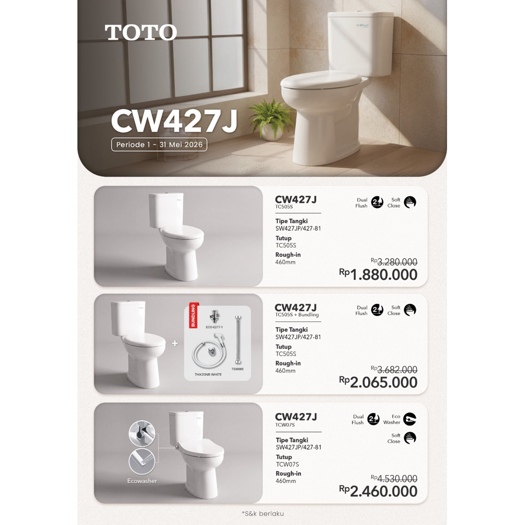 TOTO CLOSET DUDUK CW427J / CW 427 J / SW 427 JP / SW427JP WHITE WITH TC505S (COMPLETE SET)