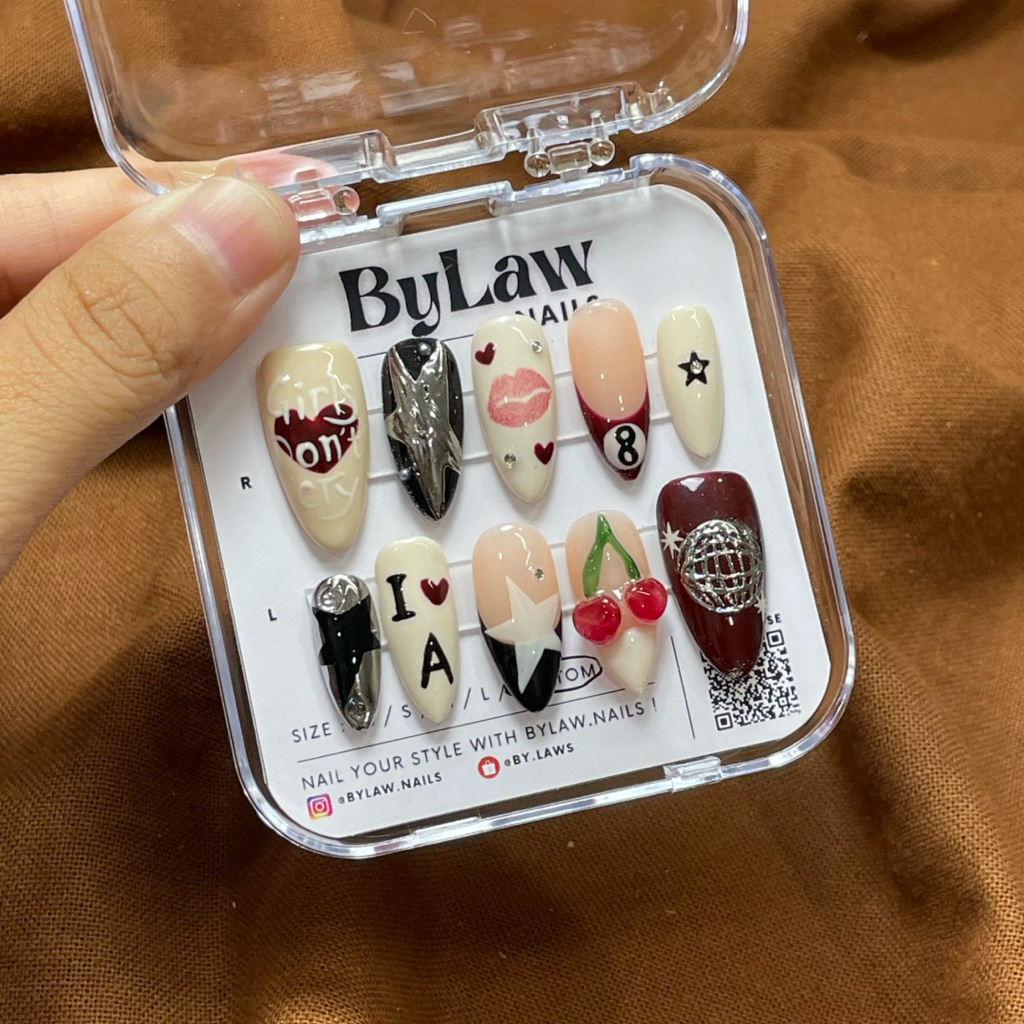 [ByLaw. Nails] Cherry Night Glam | Press On Nails Burgundy Luxury | Kuku Palsu Elegant Party Classy 