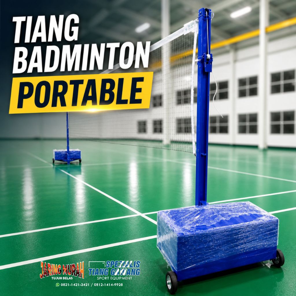 Tiang Badminton Portable Besi Hollo 5x5 cm + Roda & Pemberat Cor 50kg – Tiang Net Badminton Lapangan