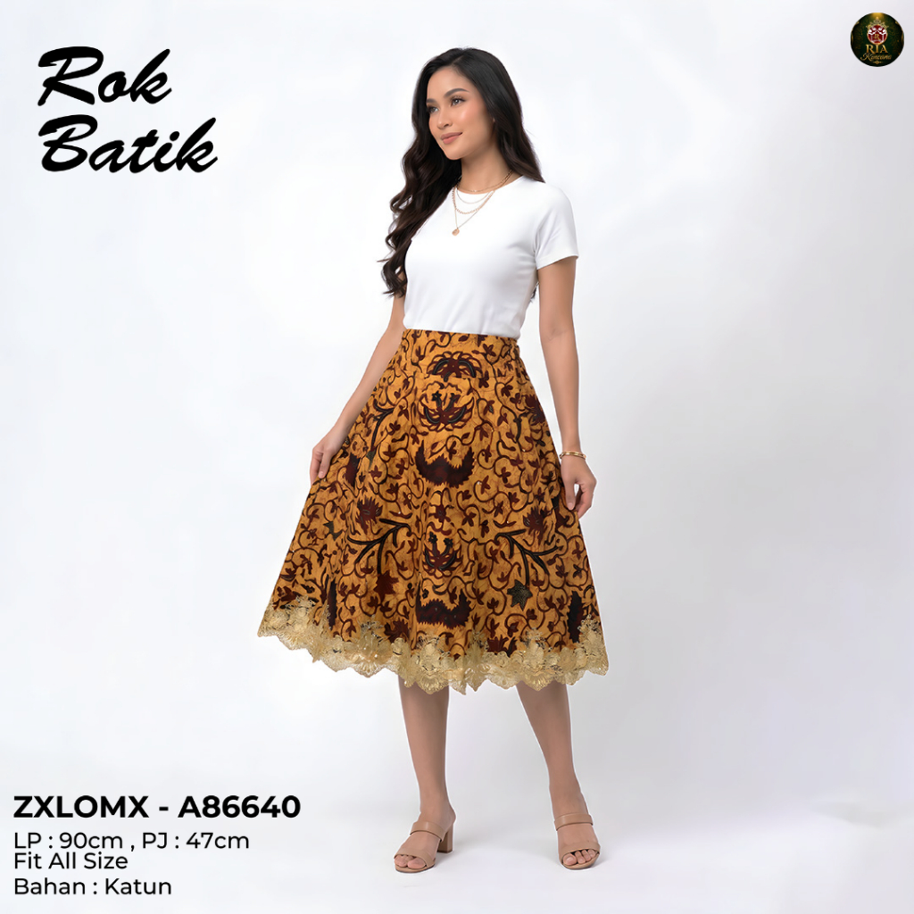 Rok Batik Wanita Midi Katun Fit All Pinggang Karet A-Line Rok Pendek Motif Elegan