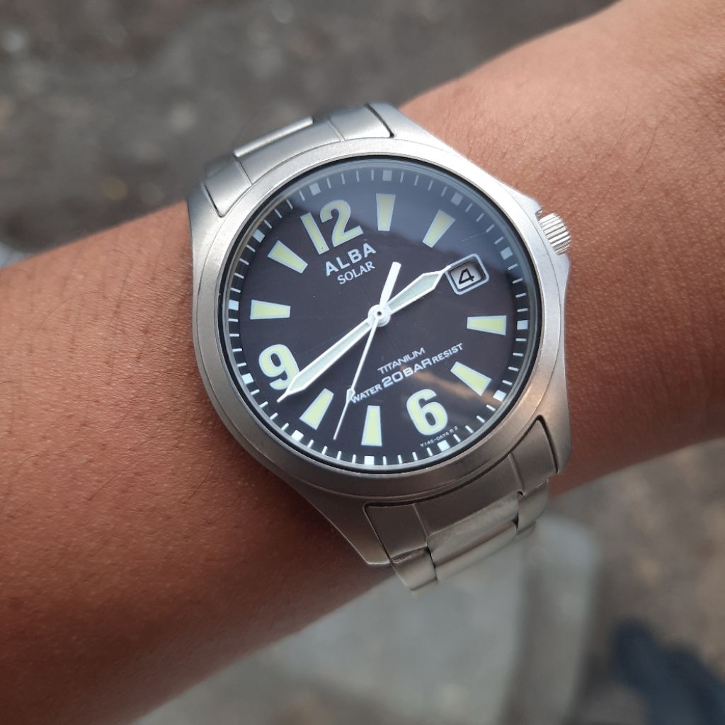 SEIKO ALBA Military Watch V145 2003 Black Titanium Solar Power Luminous Japan