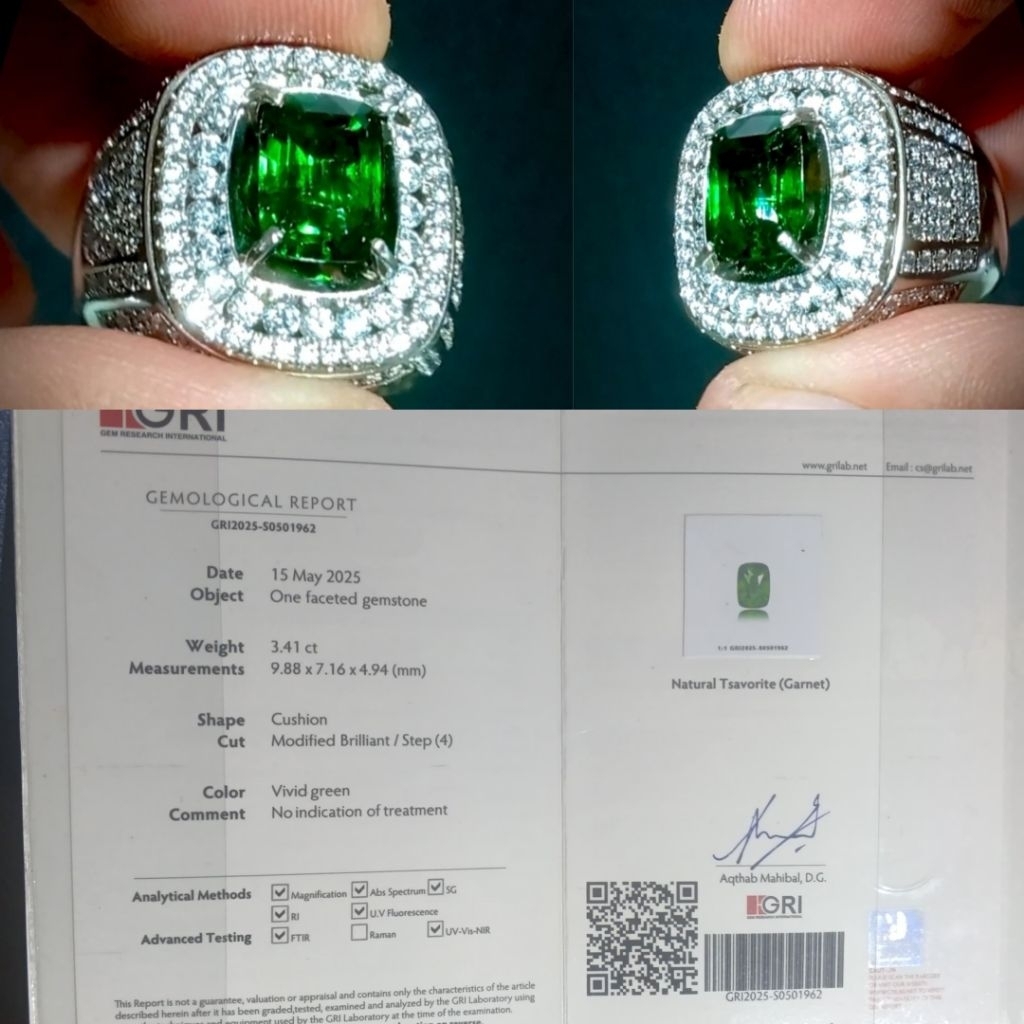 Batu Natural Tsavorite Garnet 3.41 ct sertifikat GRI