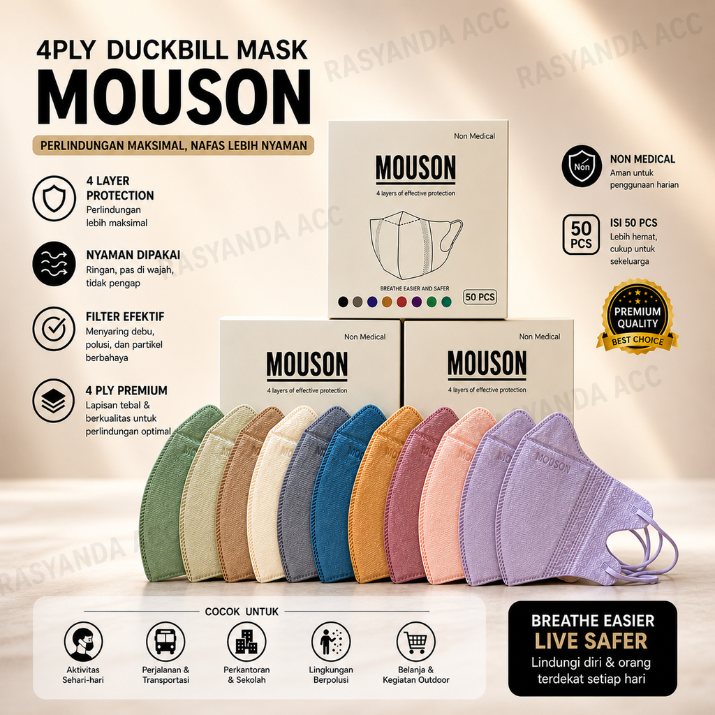 Duckbill Mouson Alkindo Embos Garis 4 ply Mix Warna Hitam Putih Abu  White Black Grey Terbaru Tebal 