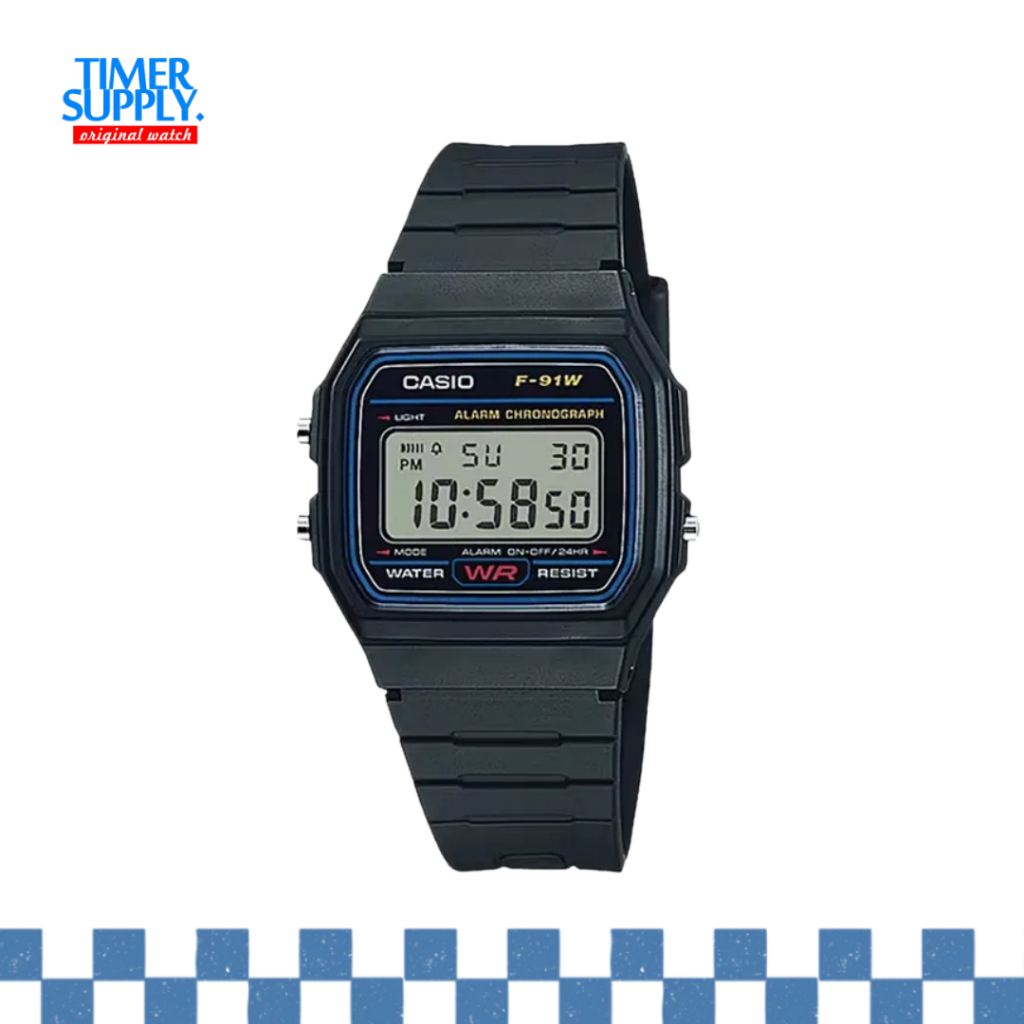 Jam Tangan Unisex Casio F-91W-1DG Digital Classic Vintage Black Resin Strap F91W Original Garansi Re