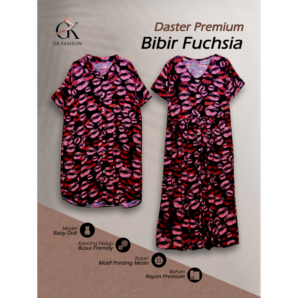 Daster Hitam Premium Rayon Viscose Motif Bibir Fuchsia | Baby Doll Rotari & Kancing Depan Full | Bus