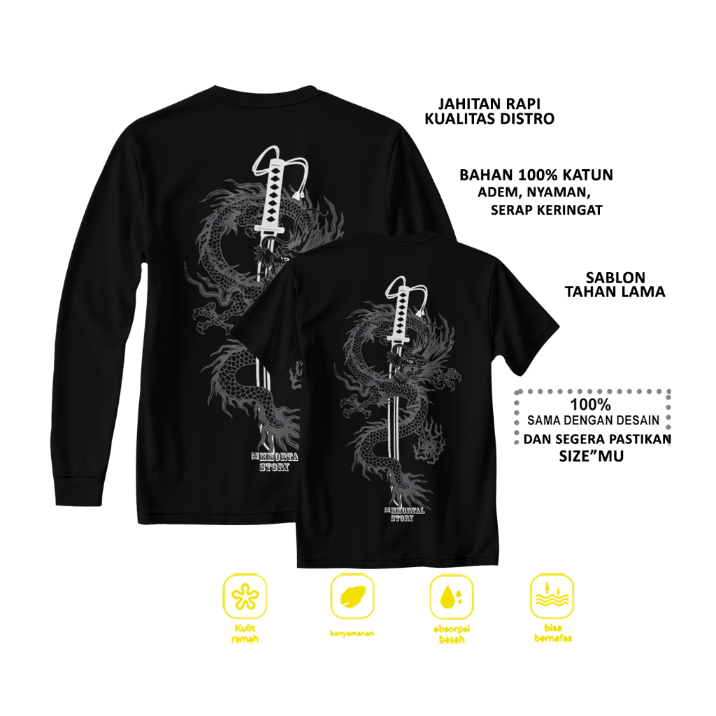 Kaos Pria dan wanita Black Naga Jepang d'ragon Sword Unisex Couple Lengan panjang dan pendek Katun s